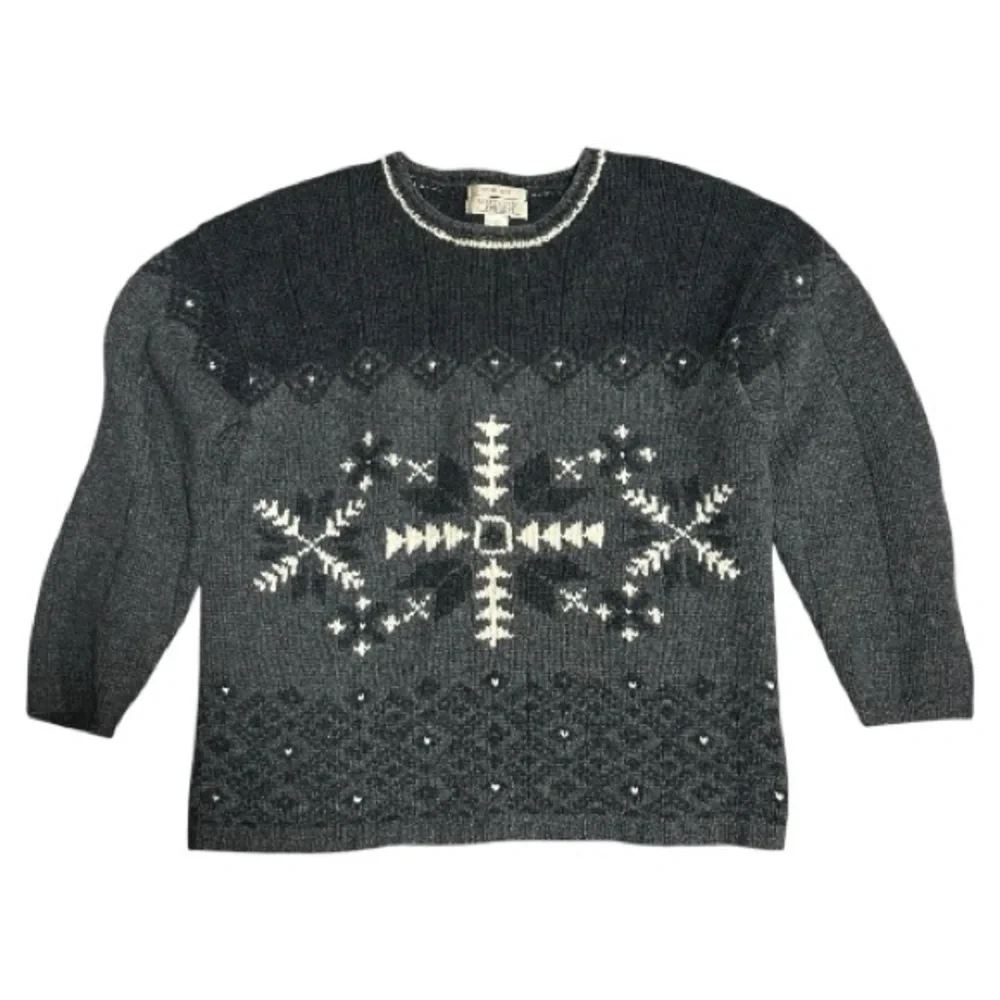 Vintage 100% Wool Hand Knit Sweater Black Gray Size Large